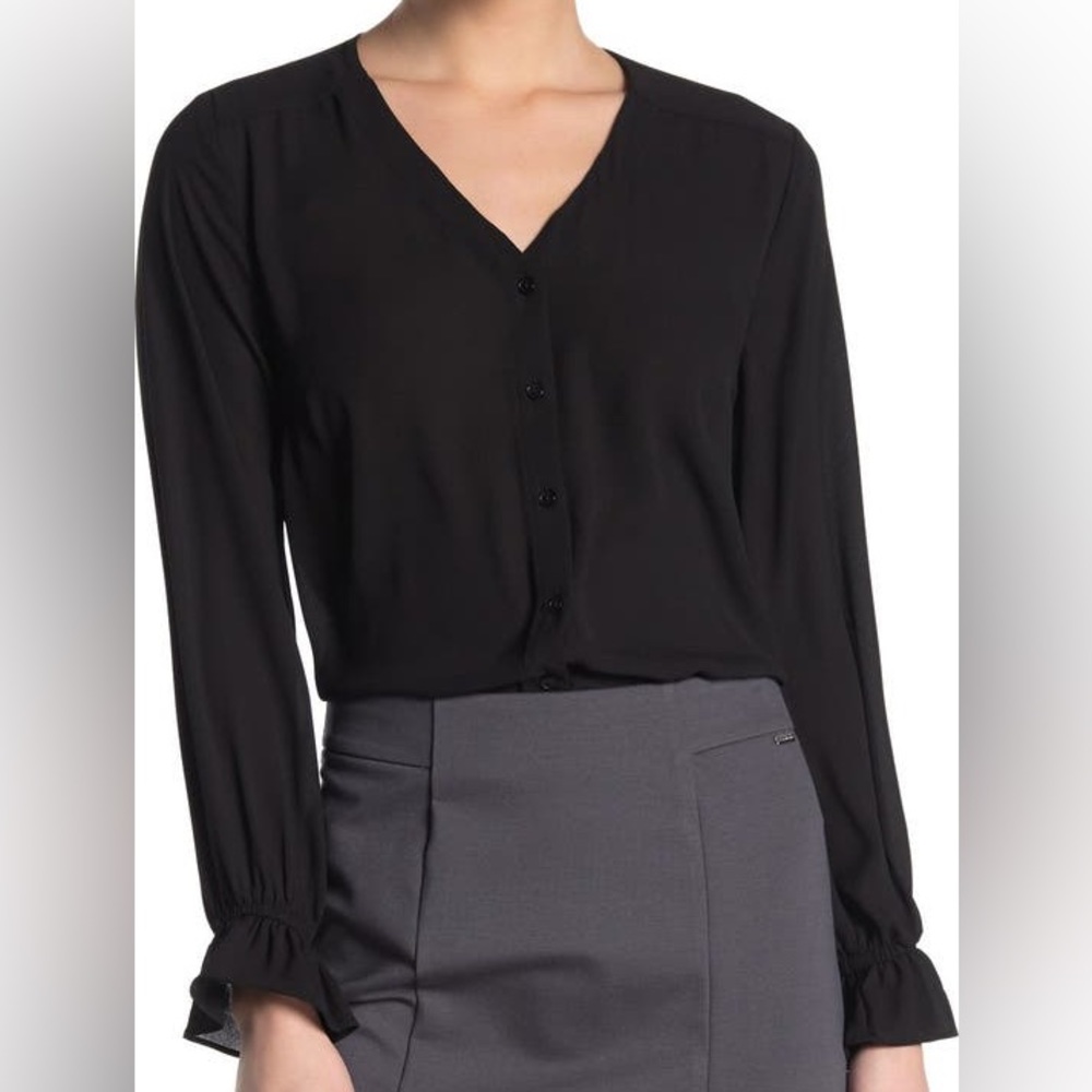 T Tahari Black Feminine Button Front Long Sleeve Blouse in XL/16